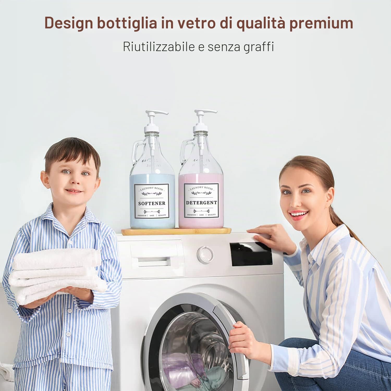 Dispenser di detersivo per bucato in vetro, dispenser di sapone liquido per lavanderia, dispenser di candeggina e ammorbidente per decorazione della fattoria, include pompe, imbuto, etichette