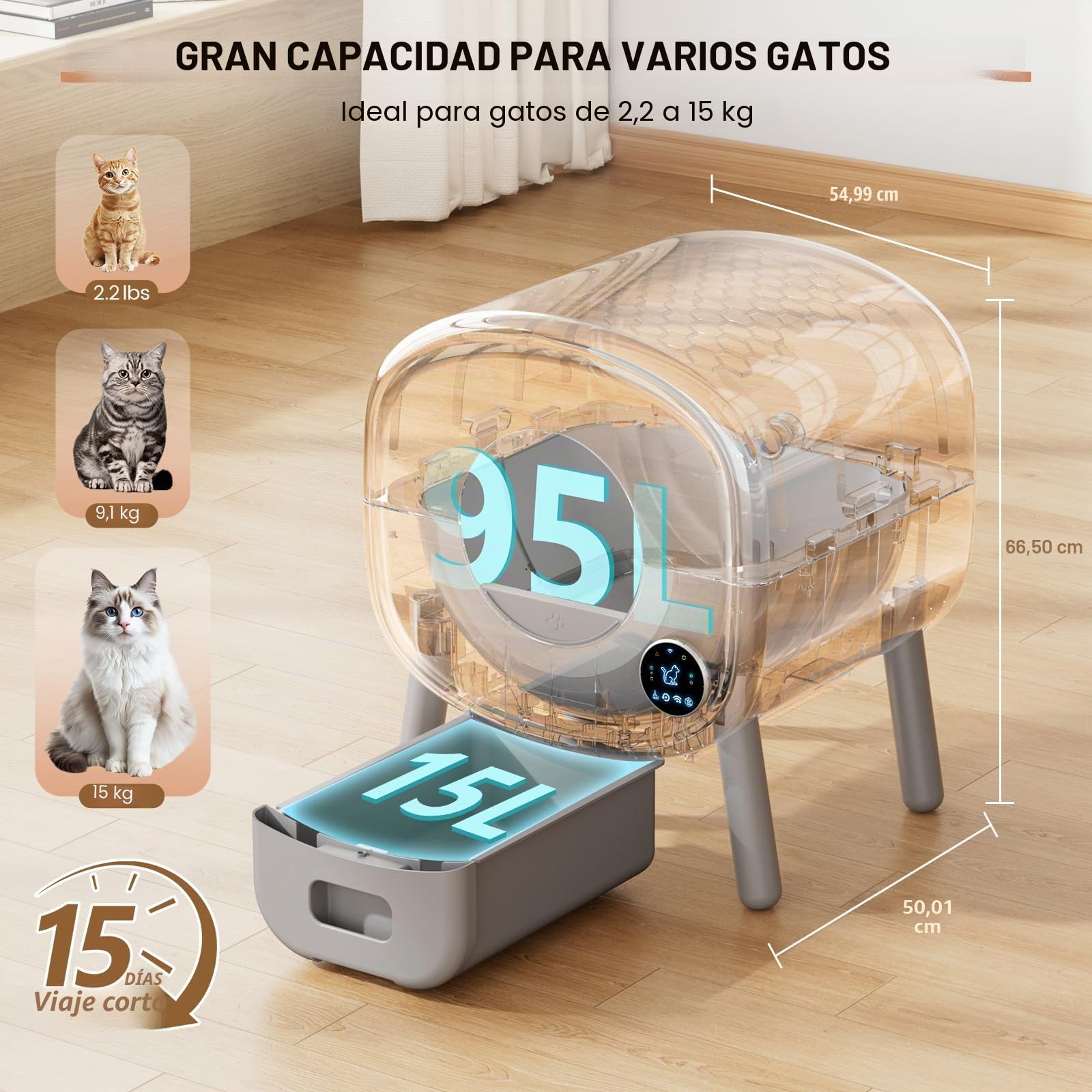 TAYACICY Caja de arena autolimpiable, caja de arena automática de gran capacidad para varios gatos con control de aplicación y protección de seguridad, 2 bolsas de arena enrollables, color blanco