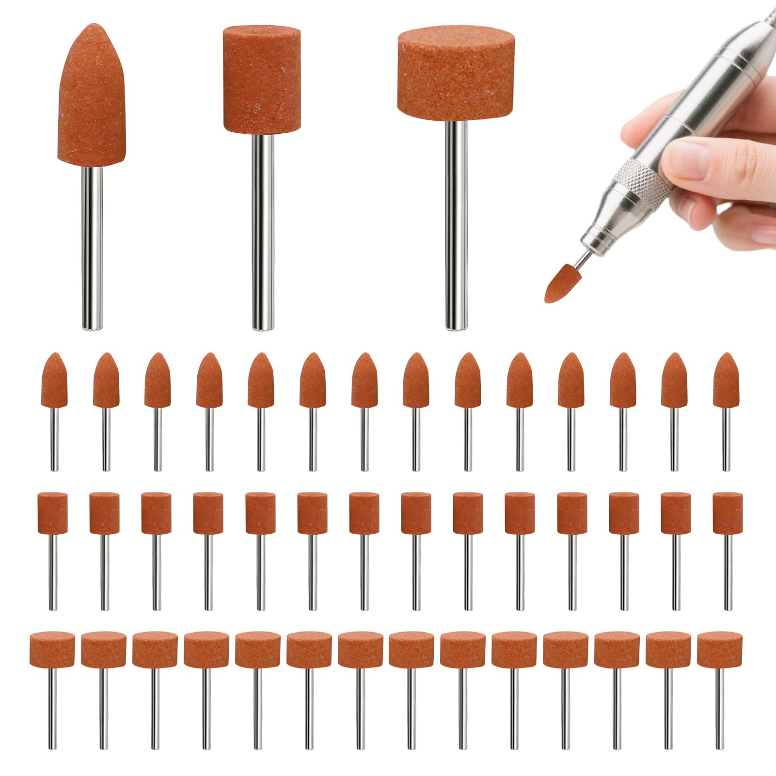 Set di 42 punte abrasive in corindone da 1/8 pollici, testa di lucidatura in pietra, testa di mola, per l'uso su pietre preziose, vetro, metallo e legno, per levigatura, lucidatura, sbavatura