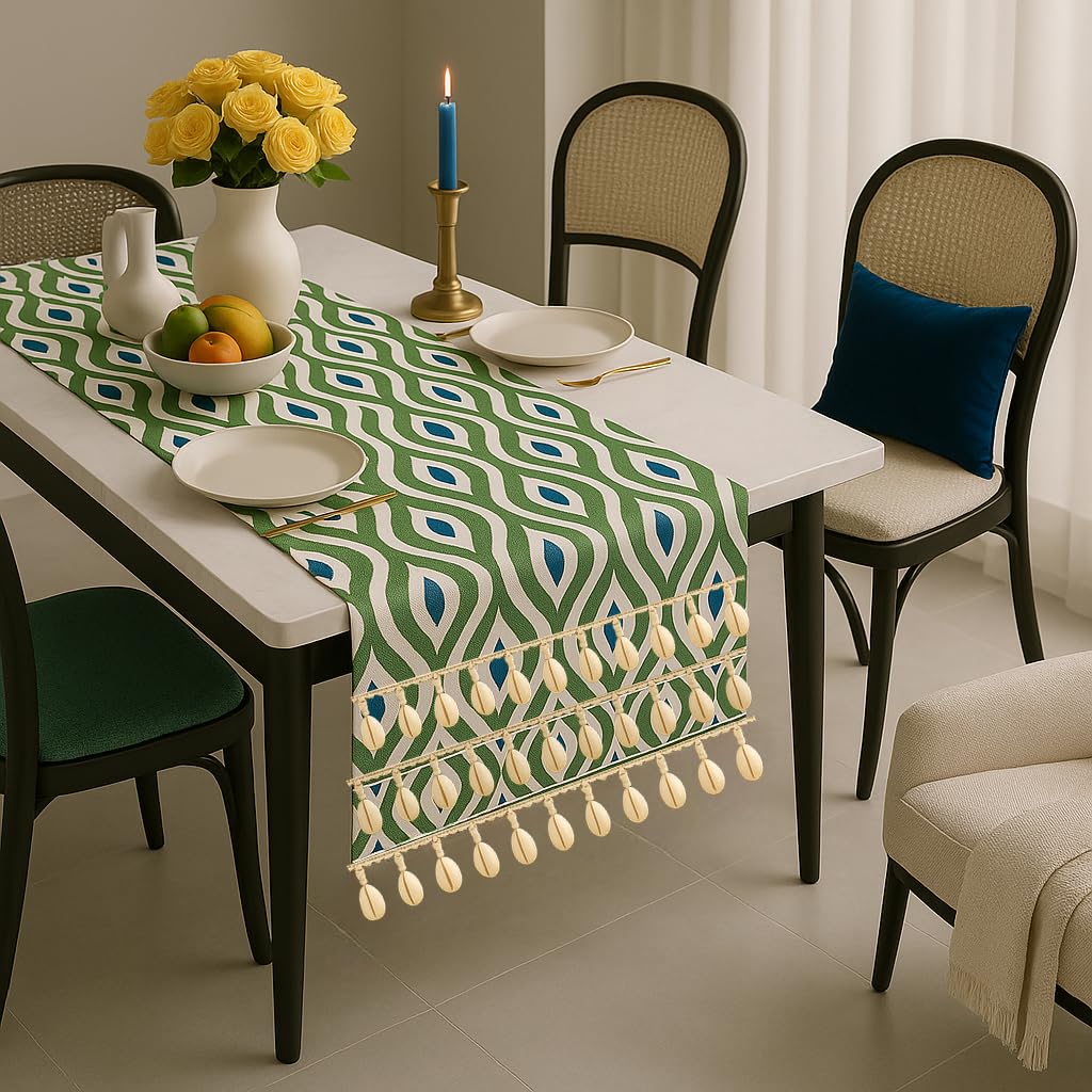 WWW.THROWPILLOW.IN Azure Ikat Print Boho Table Runner with Tassels & Kowri 13x120 Inch| Fits 9 Feet TV Unit, Center Table, Coffee Table, Dining Table, Dresser, Entry Console|Living Room Diwali Decor 2