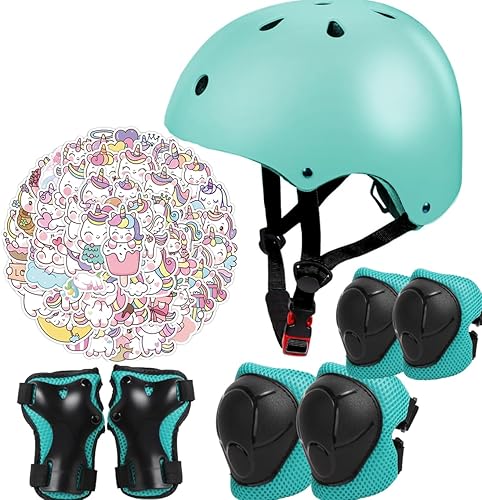 Juego de casco de bicicleta para niños, certificado CPSC con rodilleras, coderas, muñequeras, casco negro ajustable para niños de 2-3-5-8 años,