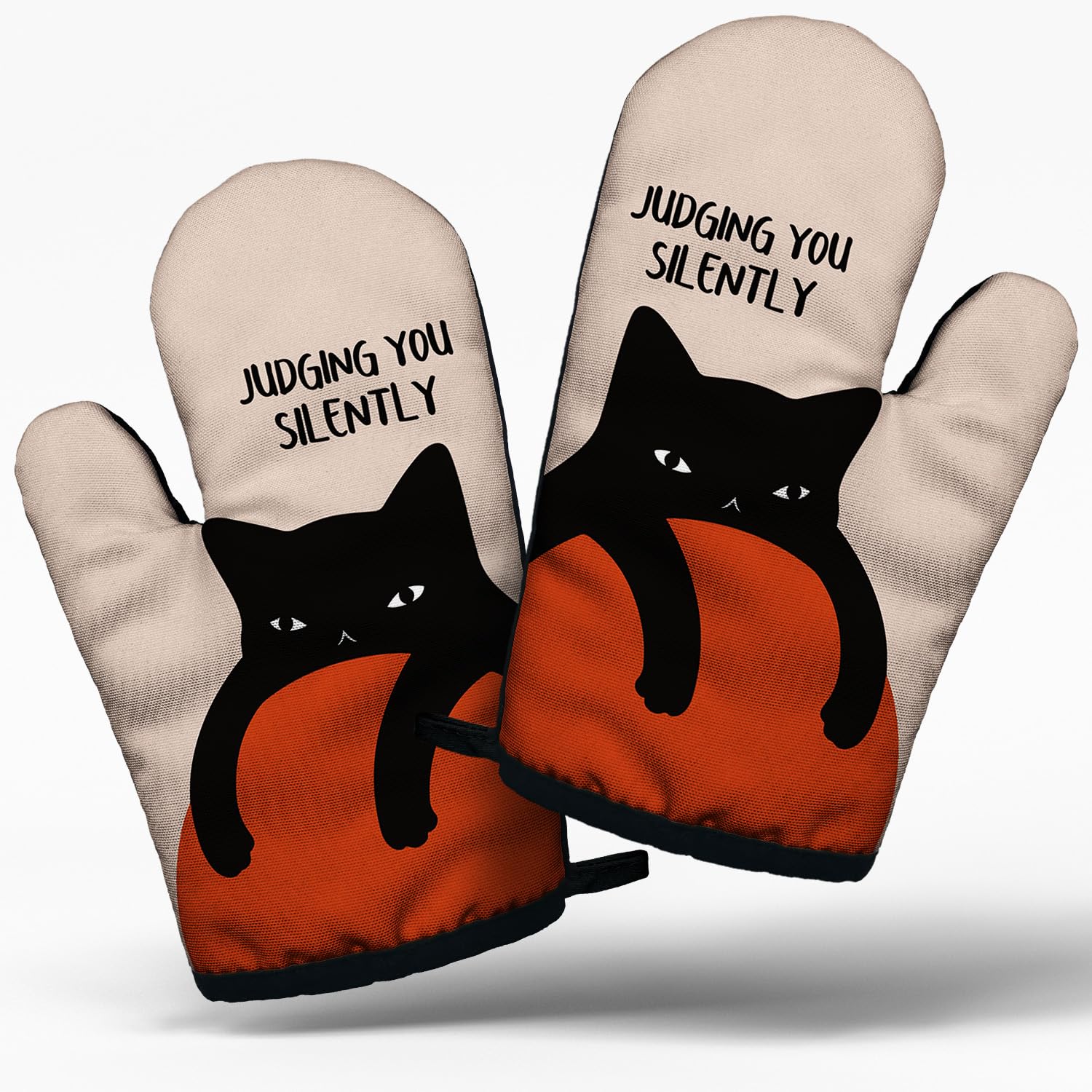 Funny Black Cat Cooking and Baking BBQ Kitchen Gadgets with Heat Resistant Silicone Non-Slip, Judging You Silently Oven Mitts Set of 2, Gifts for Cat Lover Hostess Mom Aunt Sister BFF Colleague