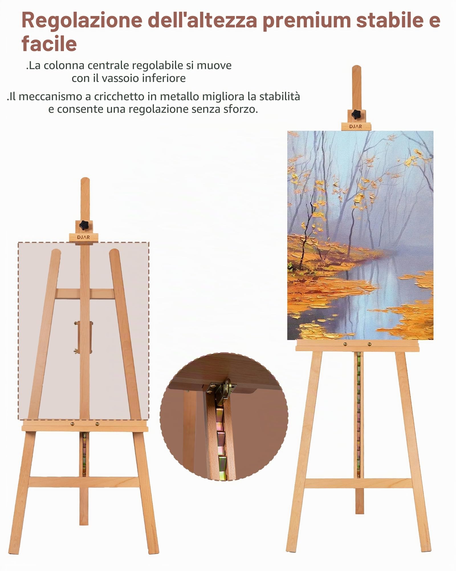DJAR Cavalletto da Pittura in Legno per Adulti, Cavalletto da Terra Regolabile e Robusto con Telaio ad A, Supporta Tele fino a 109 cm, Espositore per Artisti e Principianti