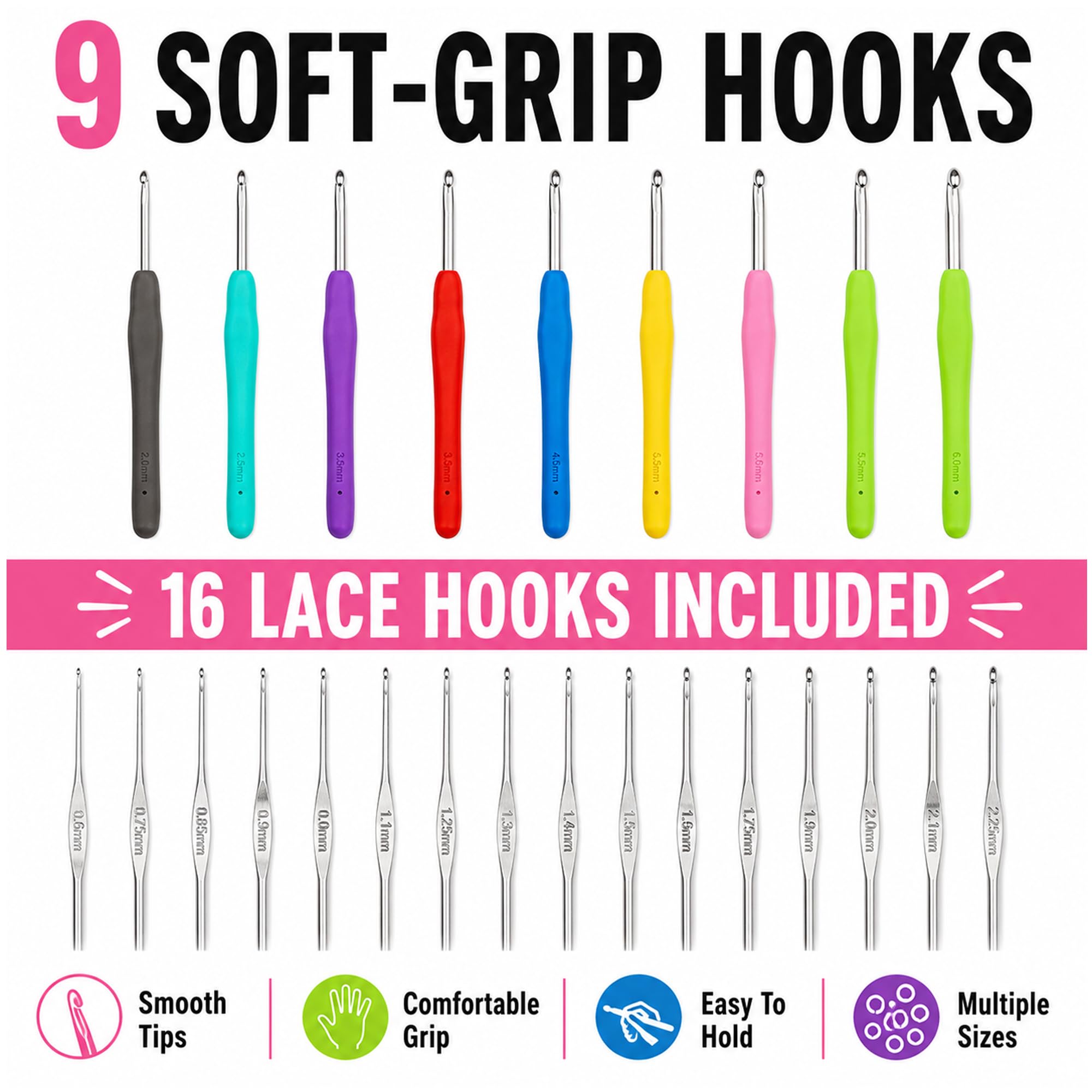 105 Teile Komplettes Häkel-Anfänger-Set mit 18 Garnknäueln, 9 Häkelnadeln mit weichem Griff, 16 Spitzenhäkelnadeln, Nadeln, Markern, Zählern und Tasche für Anfänger und Erwachsene