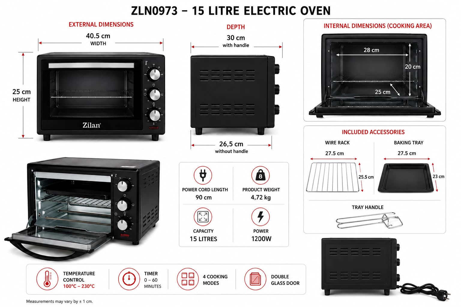 Zilan, Four Electrique - Double Protection en Verre - 15 litres, Noir