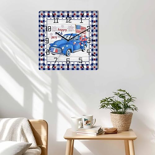 Miniatura 2 de Happy 4th of July Wooden Wall Clock Silent Non Ticking, Blue Truck American Flag on Wood Square Wall Clock Battery Operated, Decor Clock for Home