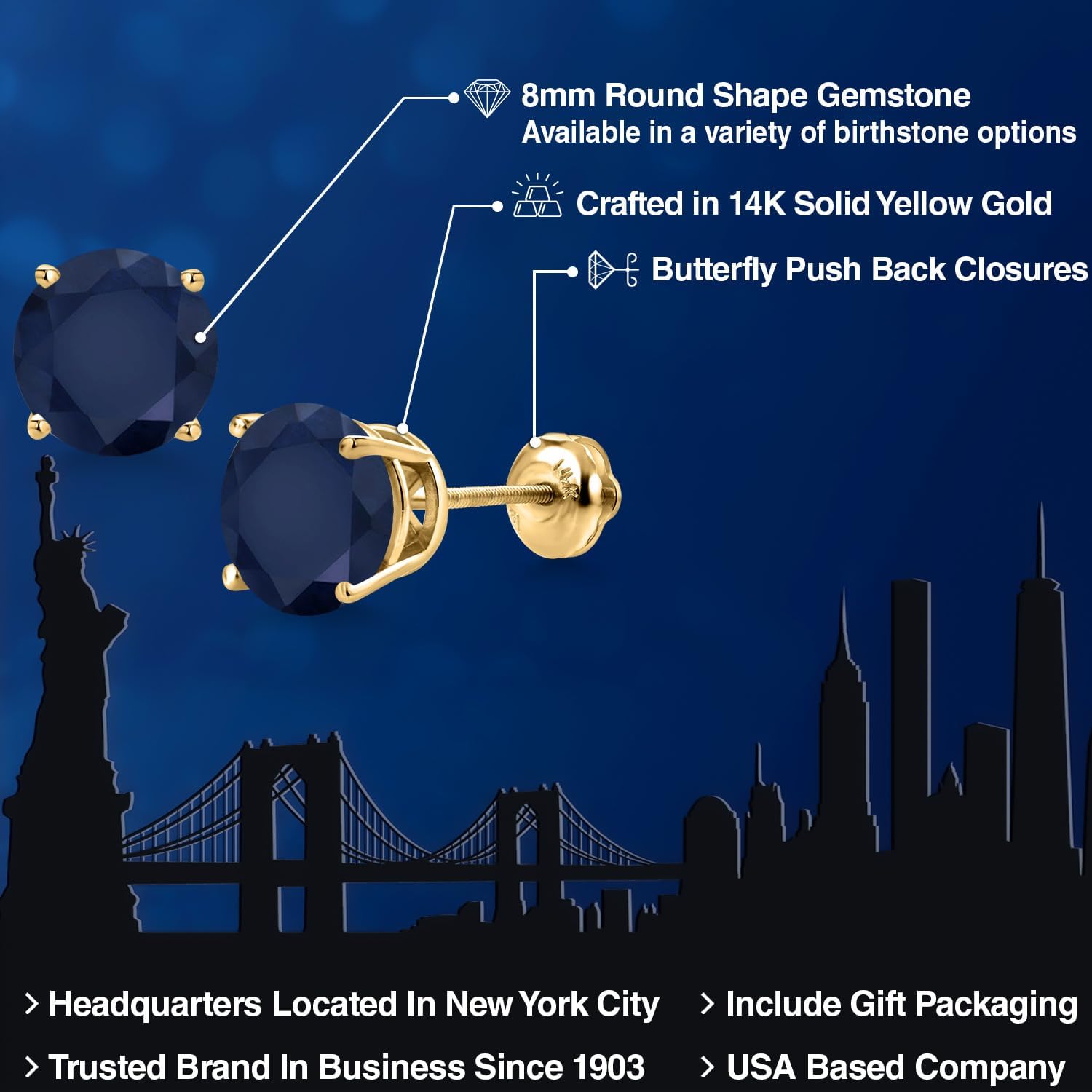 Gem Stone King 14K Yellow Gold Blue Sapphire Stud Earrings for Women | 4.92 Cttw | Gemstone September Birthstone | Round 8MM - Image 2