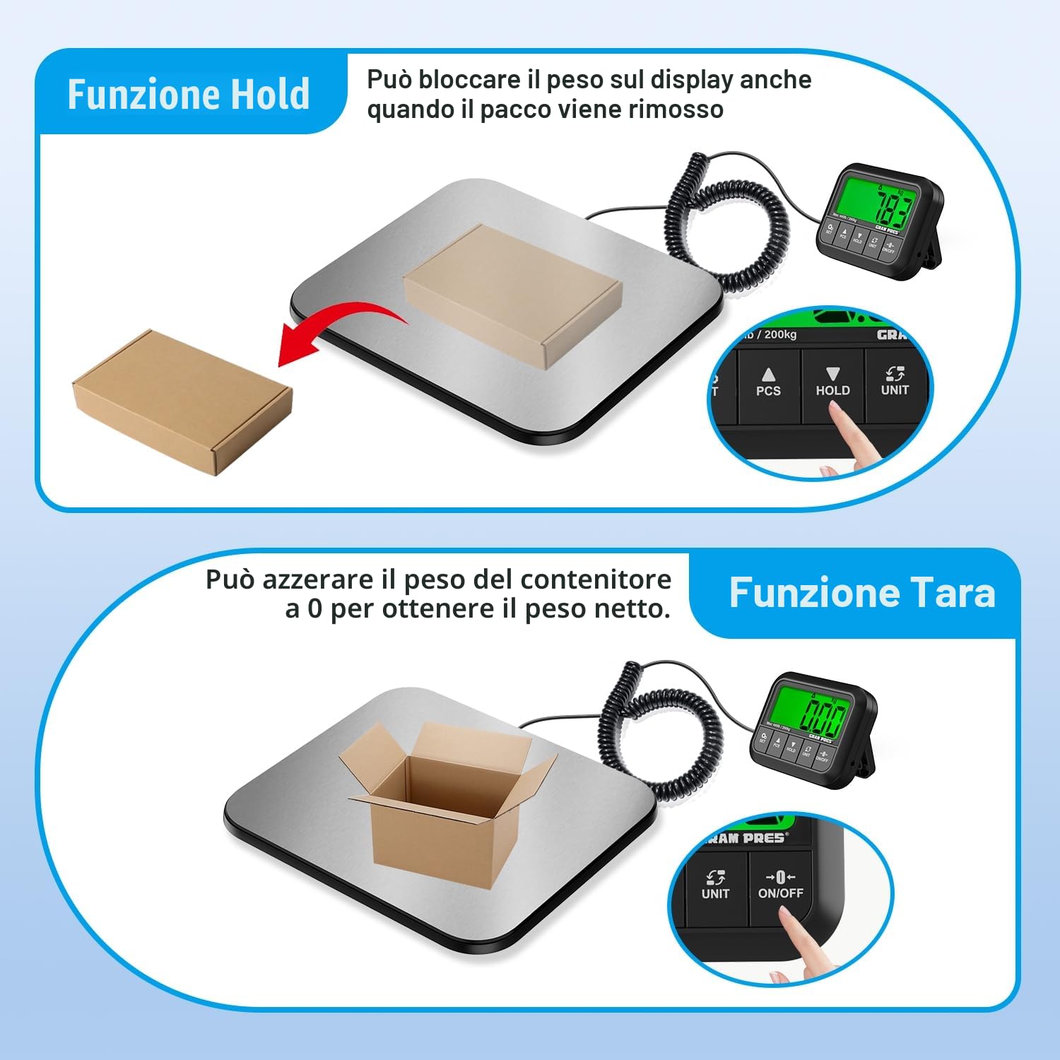 GRAM PRES Bilancia postale ad alta precisione con Hold/Tare/Pcs, 440 lbs/10 g, bilancia digitale con display LCD per pacchetti/bagagli/ufficio postale/cane, incl. batteria e cavo USB