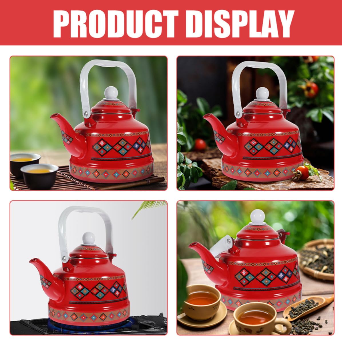LALAFINA Vintage Emaille Teekessel 2,5l Rot mit Griff Hitzebeständig und Leicht zu Reinigen für Camping und Herdplatten Geeignet