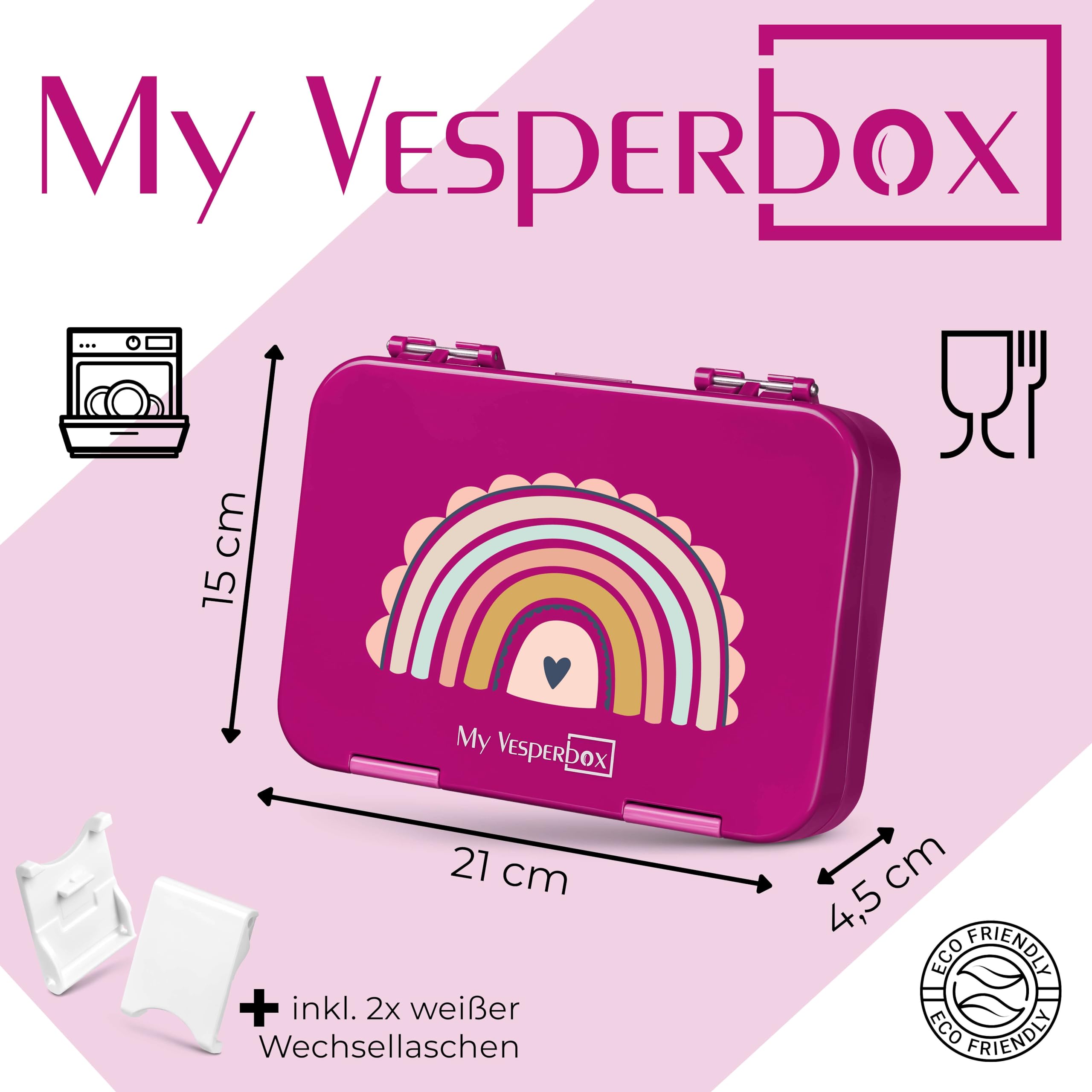 My Vesperbox – Len - Bento Box Kinder - Lunchbox mit 4+2 Fächern - extrem robust – Brotdose – Brotbox ideal für Kindergarten und Schule (Lila Regenbogen)