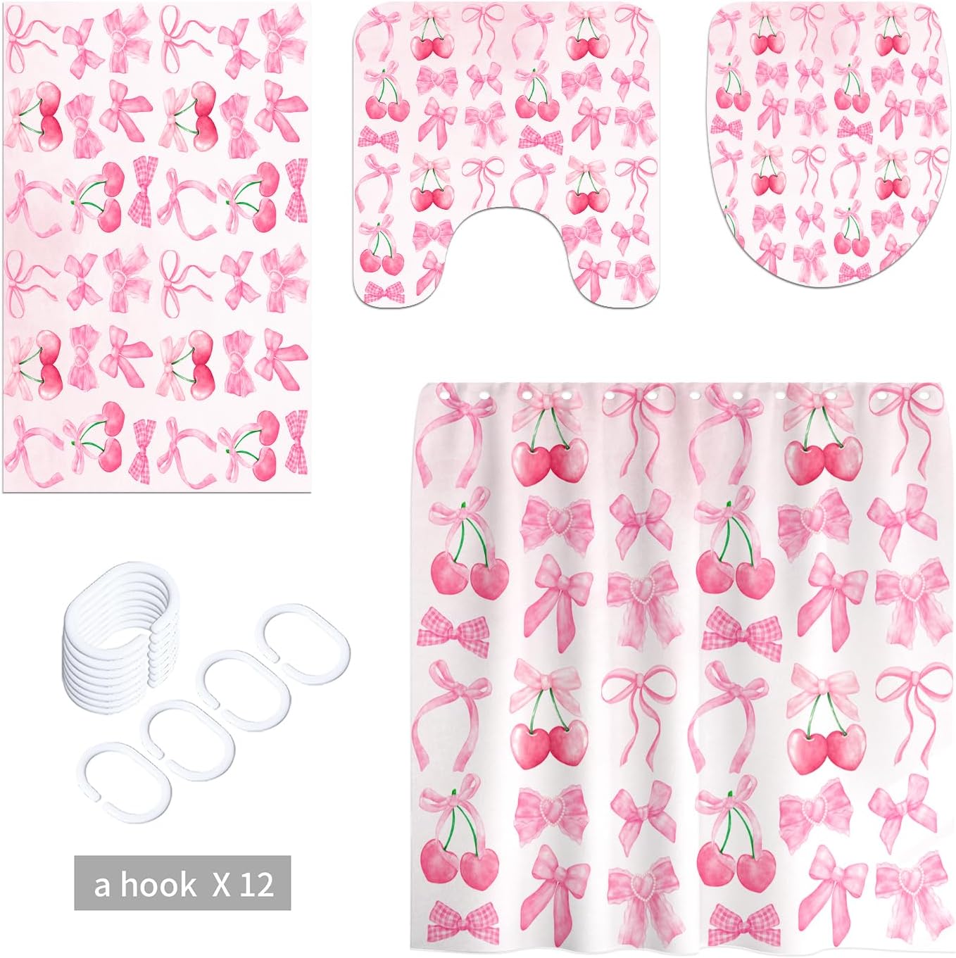Pink Cherry Bows Shower Curtain Set with Rug - Red Fruit Cherry Bow Aesthetic Bathroom Decor - Preppy Trendy Coquette Set for Girls - 4PCS
