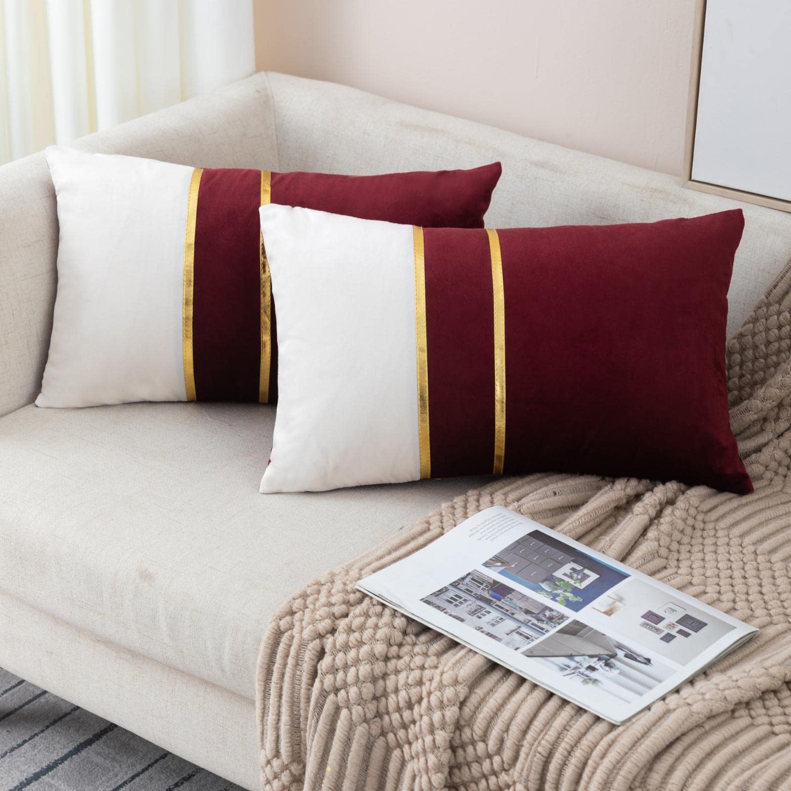 ZLINA Set of 2 Velvet Decorative Lumbar Pillow Covers Red White Patchwork with Gold Leather Pillow Covers 12 × 20 Inch Cushion Covers Decor Living