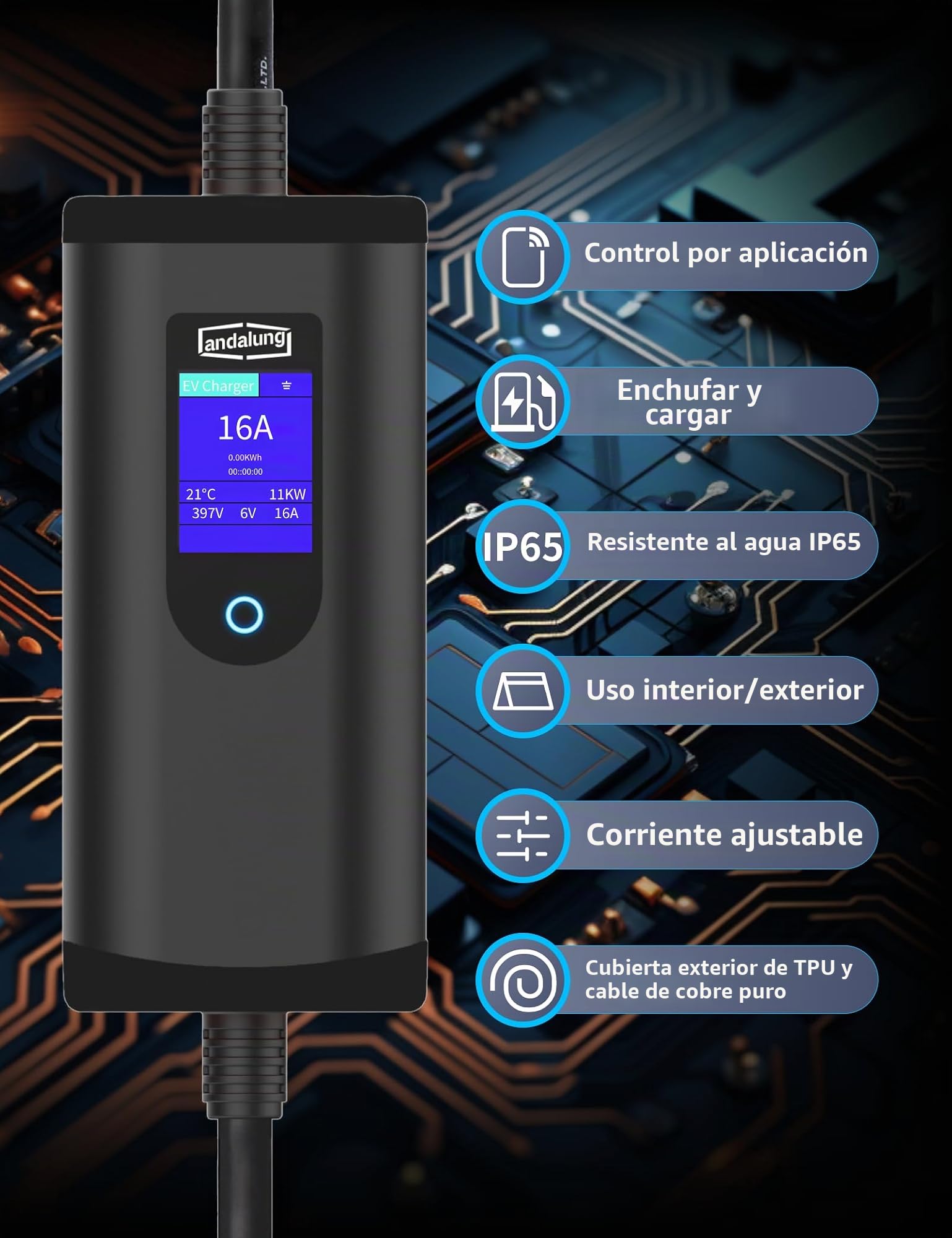 Cargador EV portátil de 11 kW, 3 Fases, 6-16 A, con Corriente Ajustable, Control a través de la App Mediante Wi-Fi, Cable de 7 m, protección IP65, Compatible con Todos los vehículos PHEV/EV