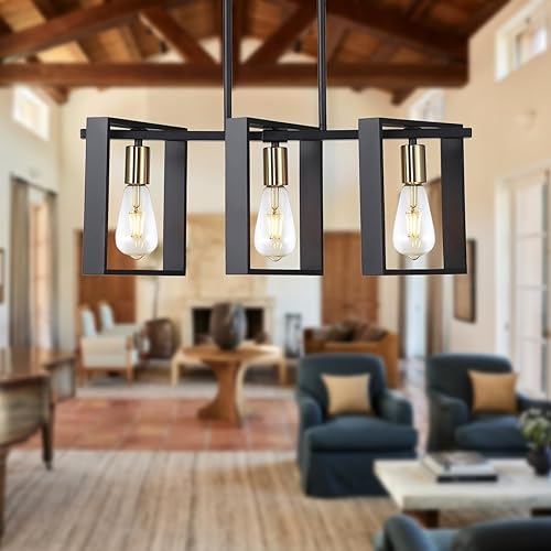 9MMML Iluminación de isla de cocina de 3 luces, moderna lámpara colgante lineal rectangular, marco negro + candelabro dorado para comedor y sala de