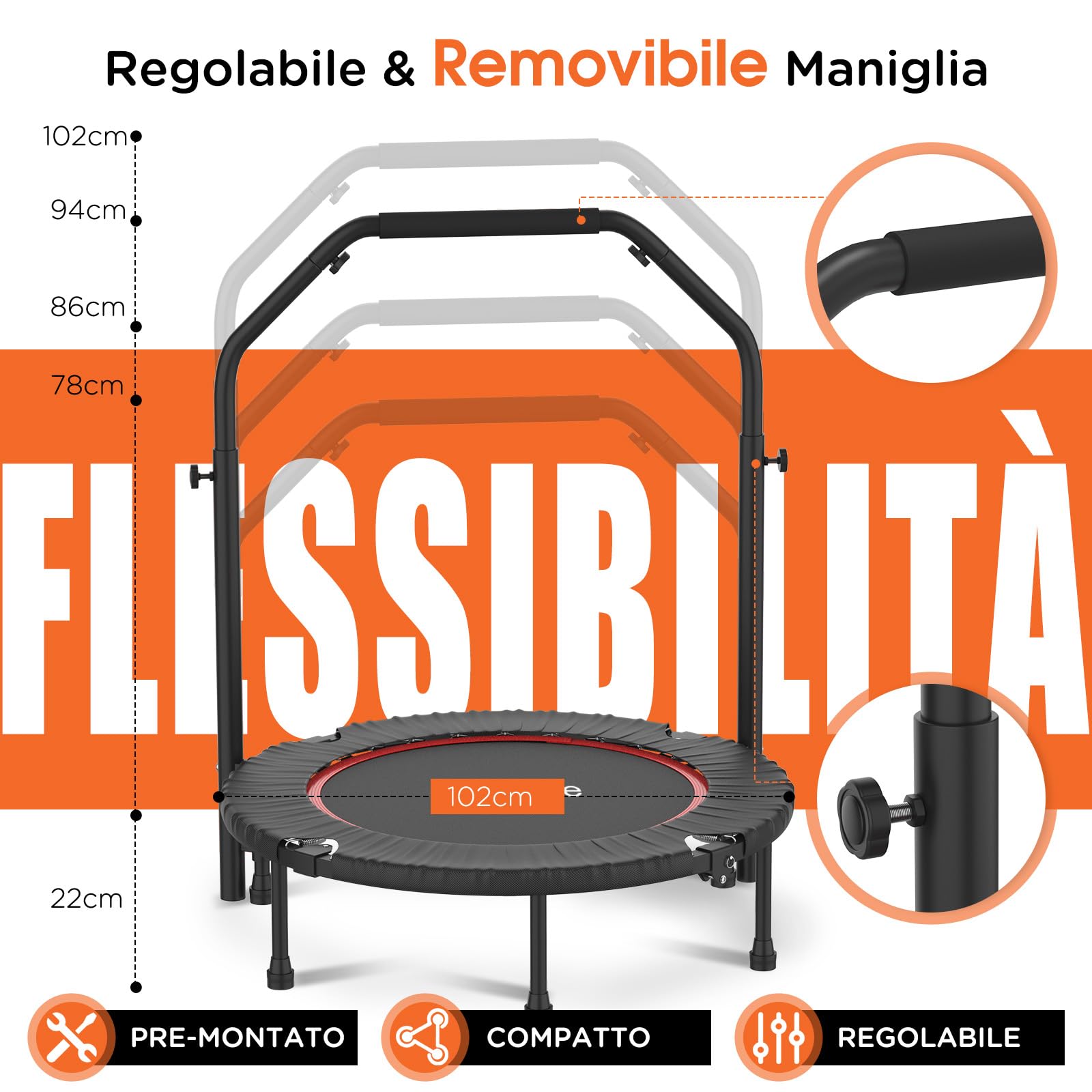 DH FitLife Trampolino Fitness Pieghevole per Interni senza Installazione | Ø 102 cm 40 Pollici Mini Trampolino | Portata 150 kg | Manico Regolabile a 4 Livelli | Stabile e Resistente