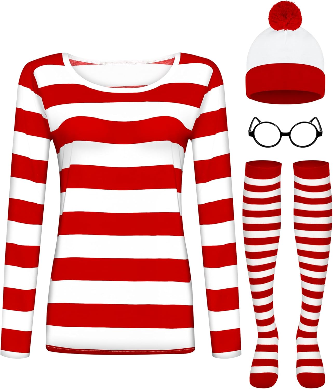 Halloween Costume Sets, Halloween Women Cosplay Red White Striped Shirt Beanie Cap Glasses Socks for Halloween Party - Image 6