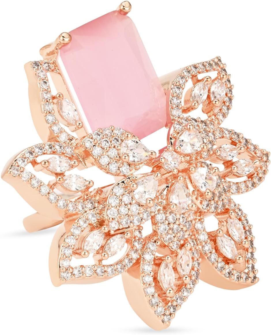 I Jewels Rose Gold Plated Indian Wedding Bollywood Stylish Latest Fashionable Design Floral CZ American Diamond Adjustable Finger Rings For Women & (FL242)