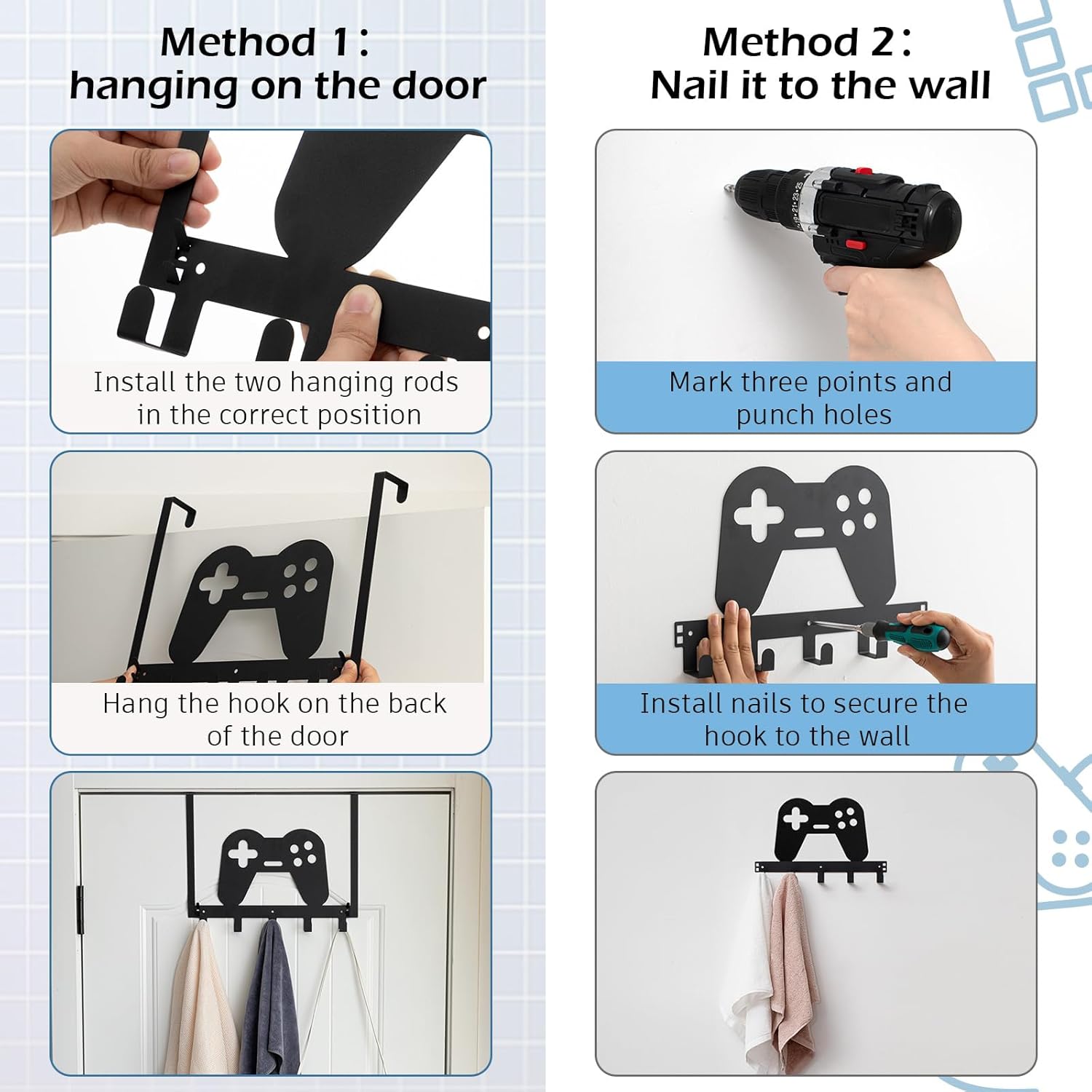Reallnaive Game Over The Door Hooks Gamer Bathroom Decor Gamepad Hanger Wall Mount Rack Holder for Towel, Hat, Coat, Cloth, Keychain, Bag, Teen Boy Room Gift Decor