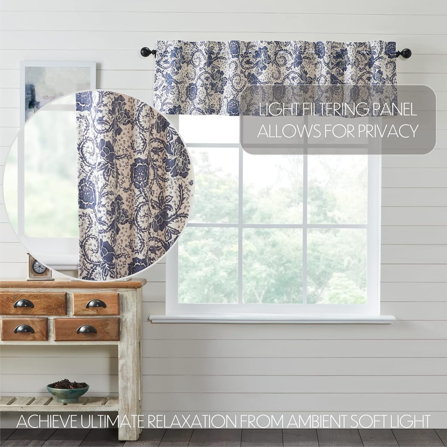 VHC Brands Dorset Window Valance Curtain, Floral, Navy, 16x73