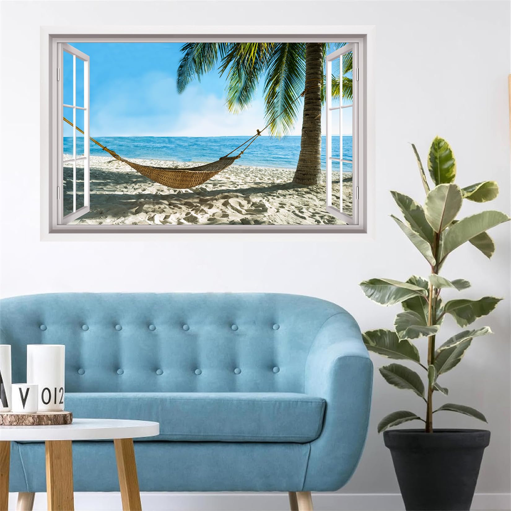 ANHUIB 3D Fake Window Wall Sticker 3D Beach Wall Stickers Seaside Landscape Wall Stickers 3D Sea View Wall Art for Living Room Mural Decals for Bedroom Bathroom Removable Seascape Decals 84×52cm - Image 4