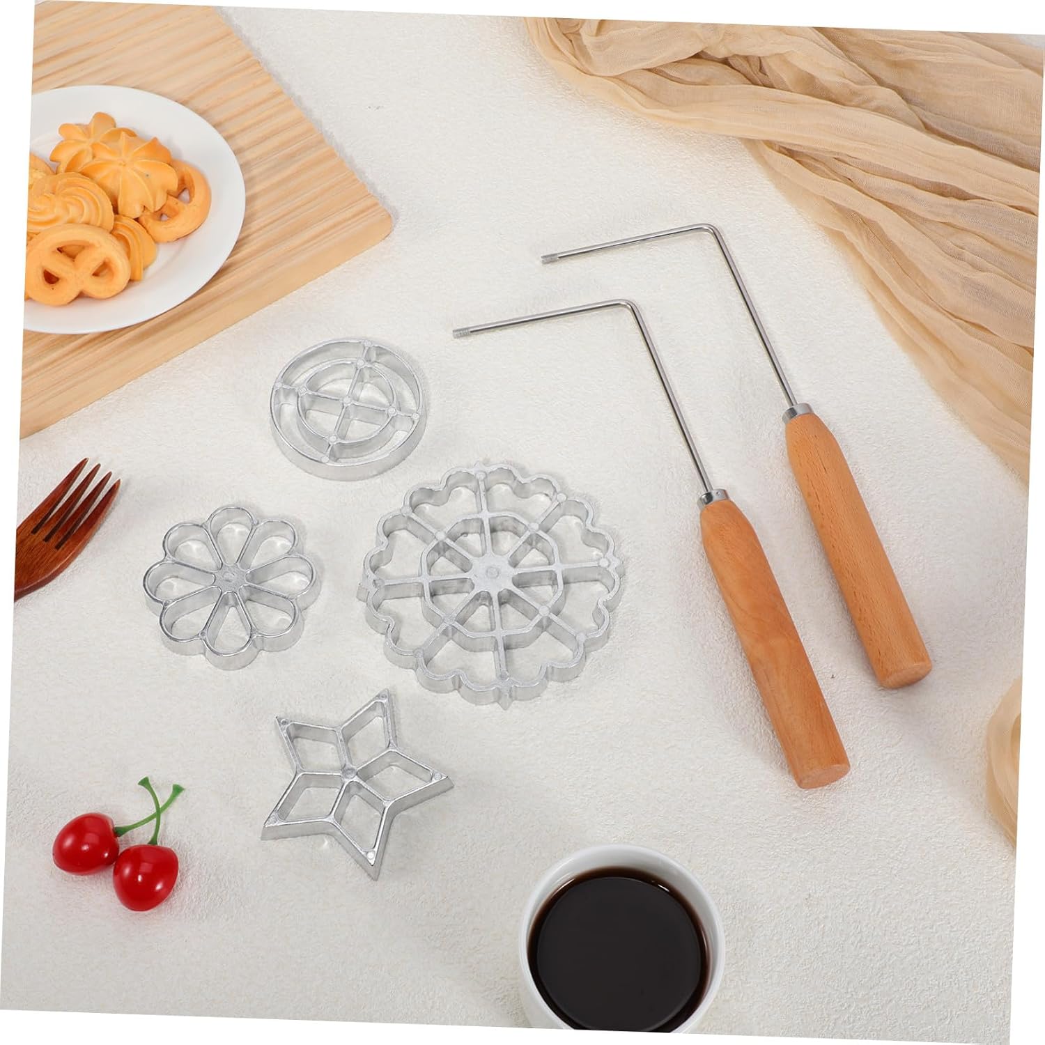 6pcs Silver Rosette Iron Mold Set with Handle for Funnel Cakes Xmas