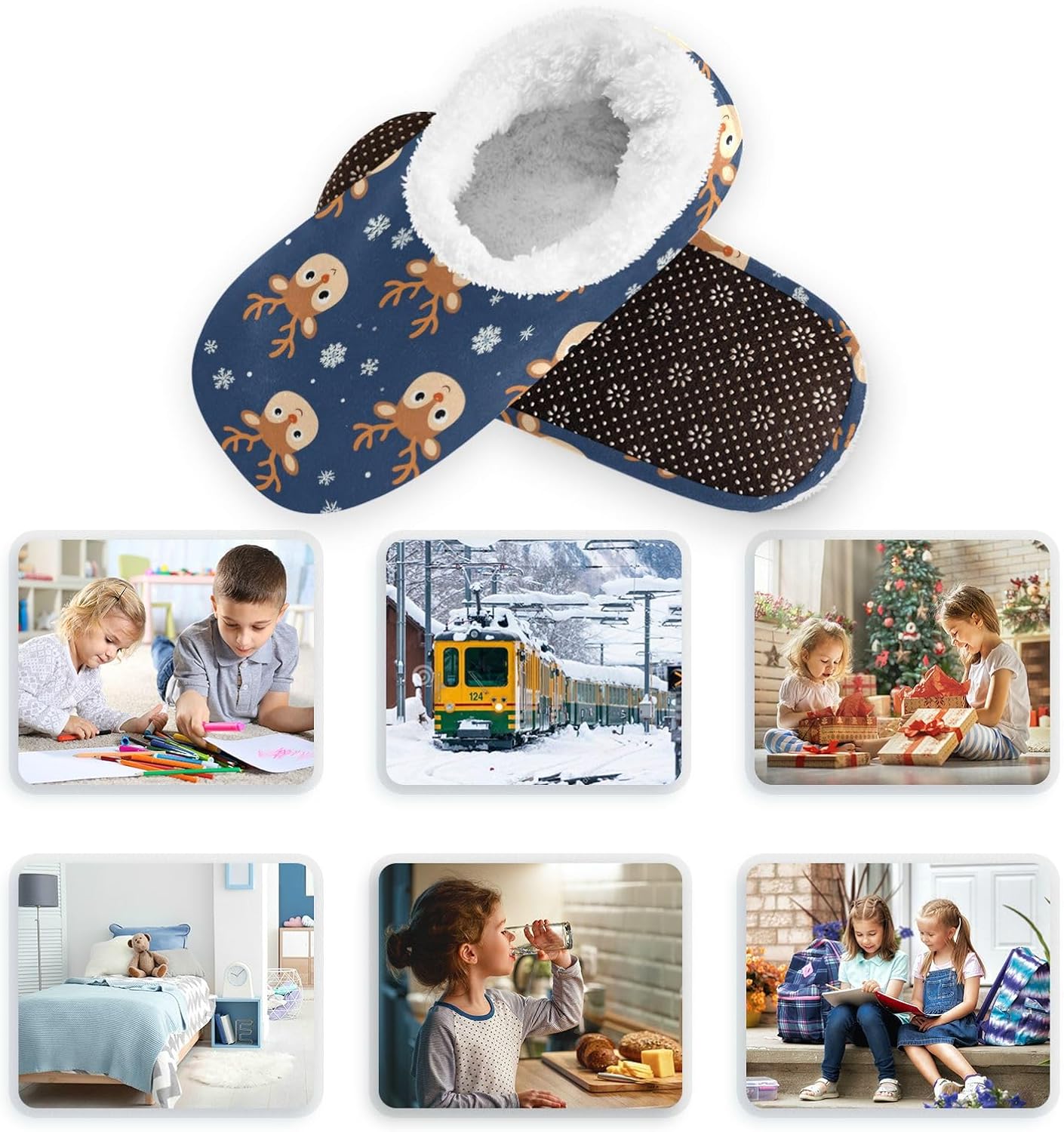 Dussdil Boys Girls Slippers Christmas Deer Snowflakes Kids Indoor Home Shose Warm Soft Spa House Slippers Memory Foam Non Slip Slipper for Travel Bedroom Size 9-11 - Image 3
