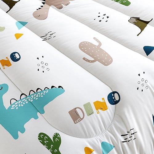 Miniatura 5 de Juego de edredón Kawaii para niños, juego de ropa de cama con estampado de dinosaurio lindo de dibujos animados para niños y niñas con 1 edredón y 2