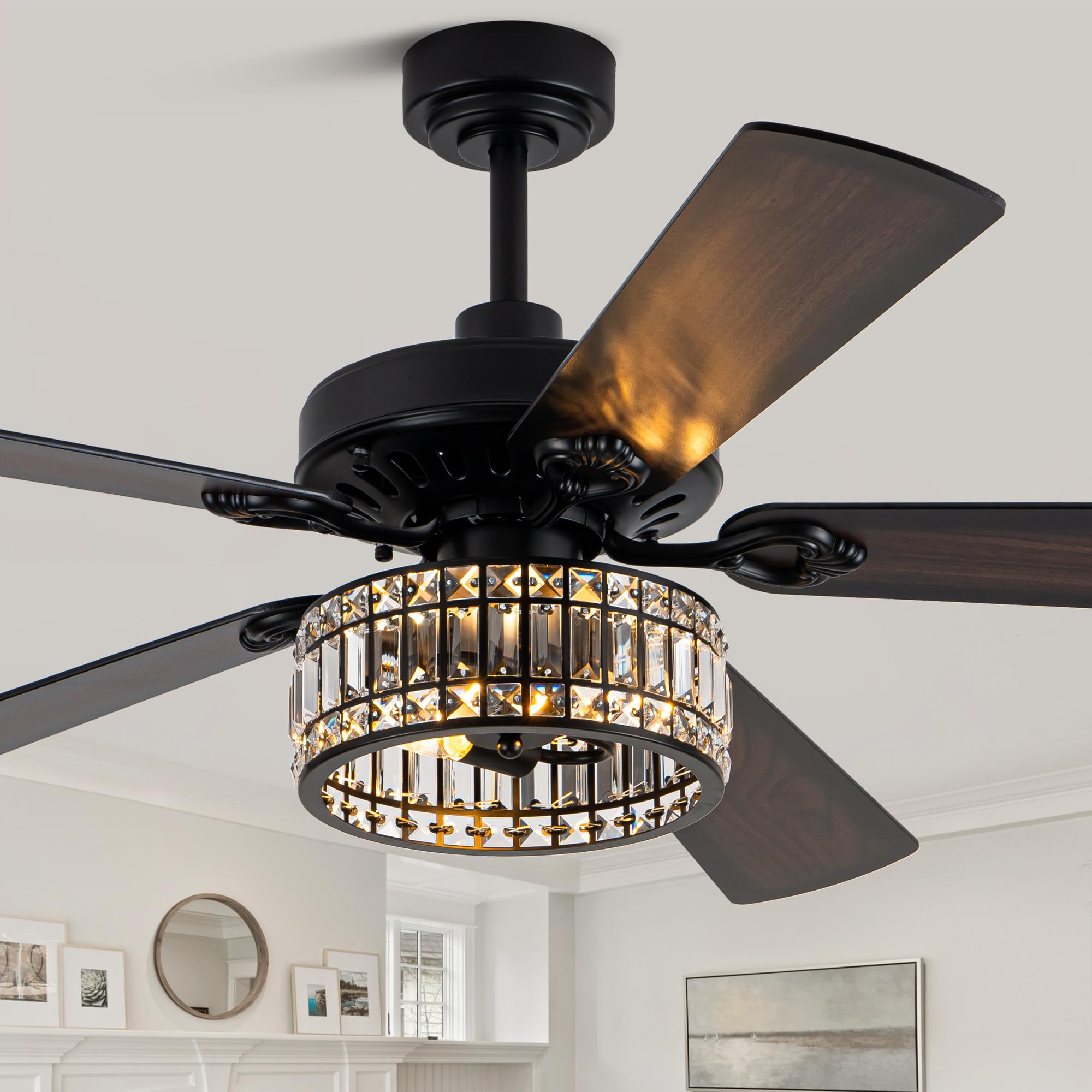60" Crystal Ceiling Fan with Lights and Remote, Rustic Chandelier