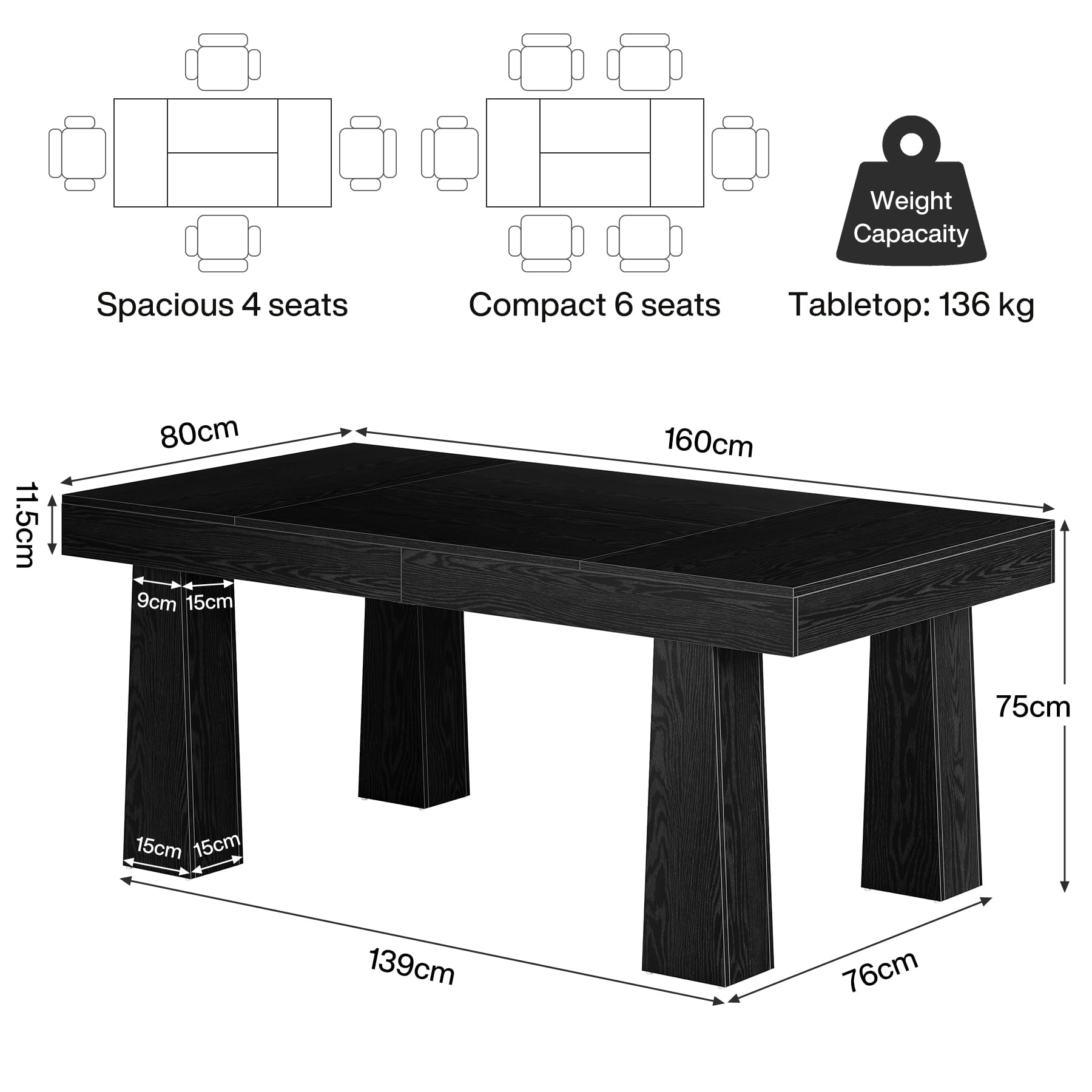Tribesigns Escritorio, 160 × 80 cm, Mesa de Reuniones Rectangular Industrial Moderna Robustra con 4 Patas Cónicas, Escritorio Negro para Estudio Trabajo Oficina Dormitorio Hogar