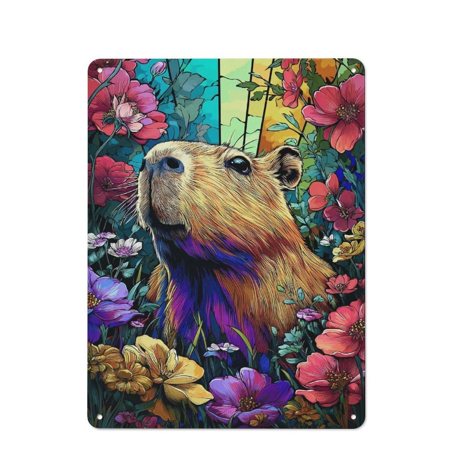 Junmoney Colorful Capybara In Floral Paradise -1 Metal Plaque With Design 40X30cm, Vintage Bistro Wall Plaque For Coffee Bar, Kitchen, Bistro Or Tea Corner