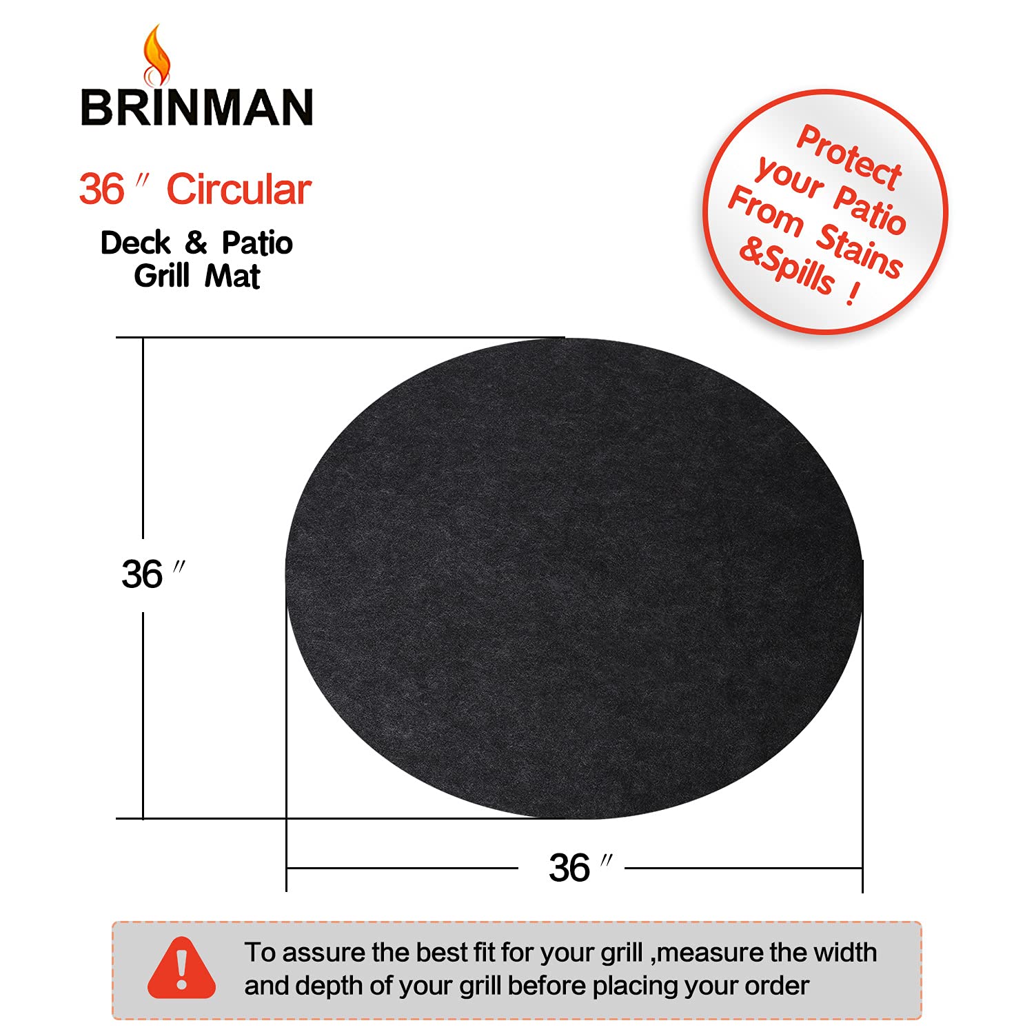 Brinman Round Under Grill Mat, Extra Thick 36 Inch, Premium BBQ Mat for Under BBQ, Waterproof, Reusable