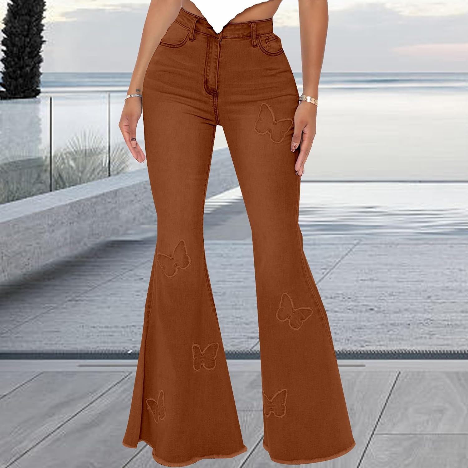 Women's Butterfly Bell Bottom Jeans Elastic High Waisted Embroidered Classic Flareed Jeans Raw Hem Denim Pants with Pocket