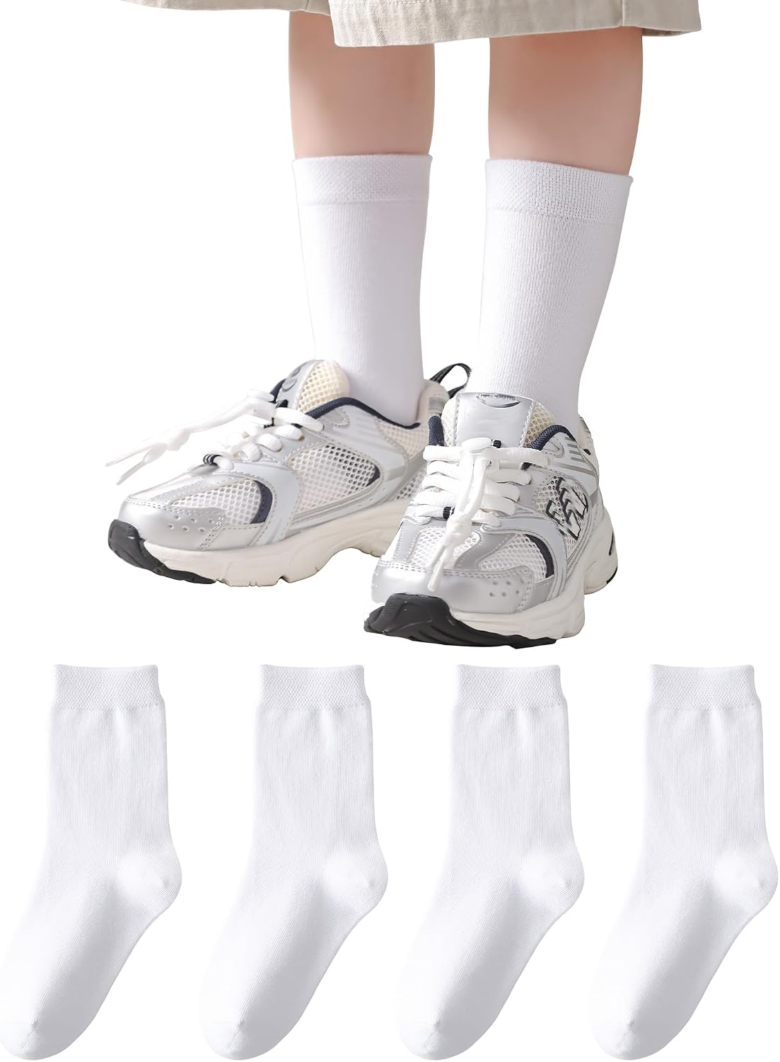 Kids Crew Socks Cotton School Socks for Girls Boys 3-14 Years,Soft Seamless Dress Sock,4-Pack (Black/White/Navy)