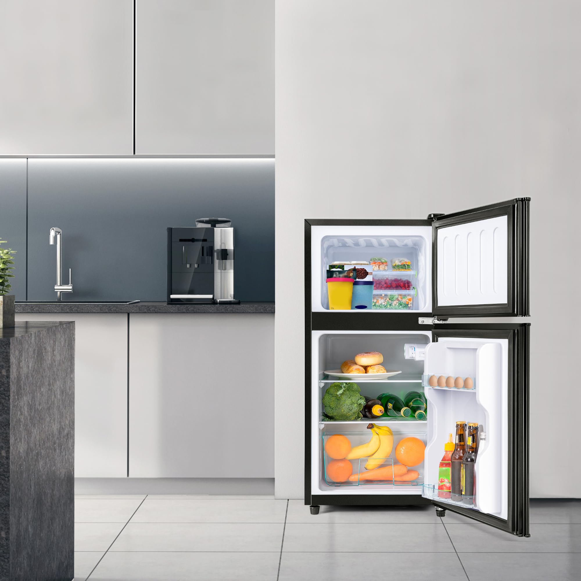 Kompaktowa lodówka z zamrażarką 60L, mała dwudrzwiowa wolnostojąca 86x45cm, chłodziarka 38L + zamrażarka 22L, klasa E 102 kWh/rok, -27°C do 13°C, 45 dB, LED, czarna elegancka