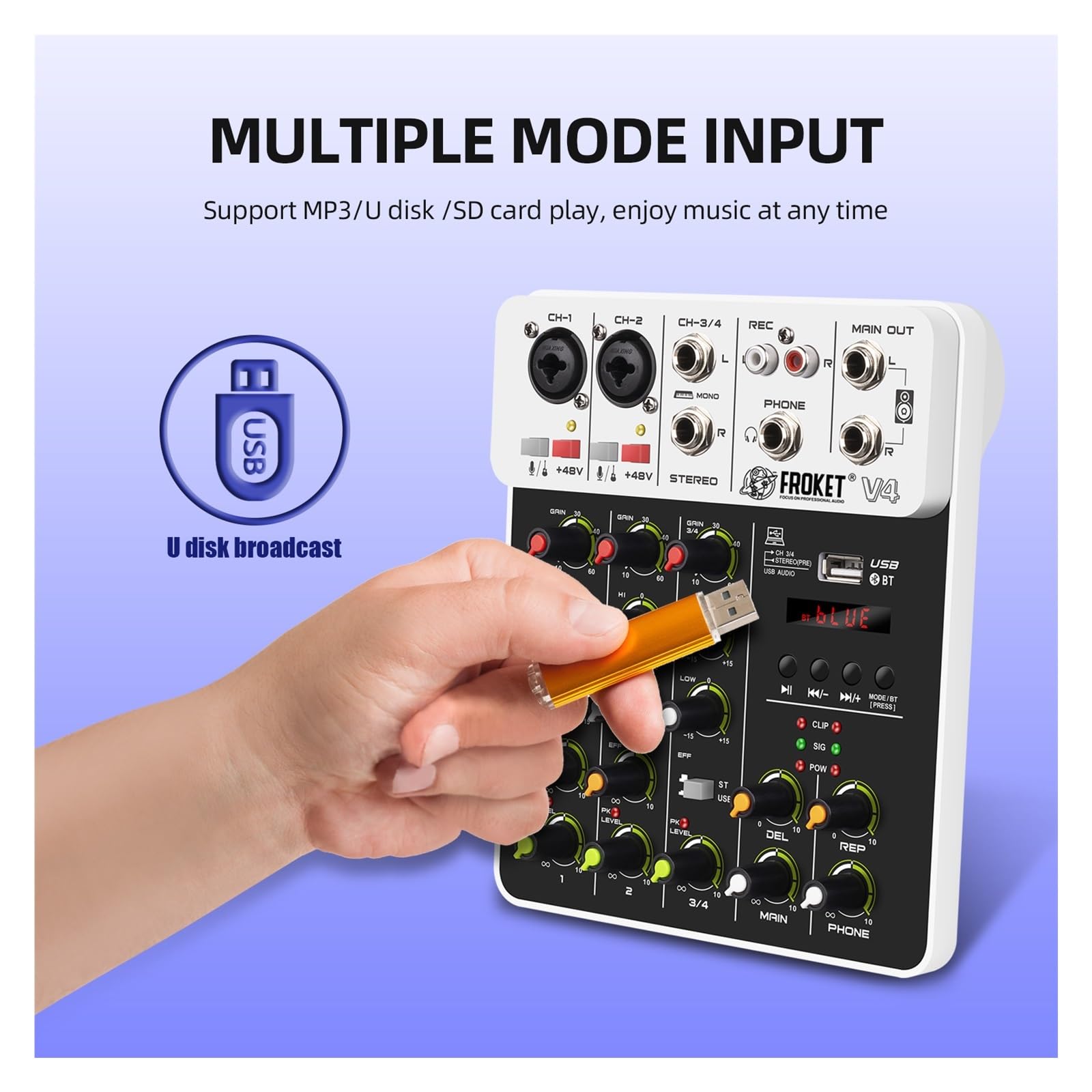 Mikser DJ-ski, V4 Mikser DJ Kontroler Miksowanie Bluetooth Phantom Power Delay Repaeat Efekt Do Miksowania Dźwięku Konsola Nagrywanie PC(V4)