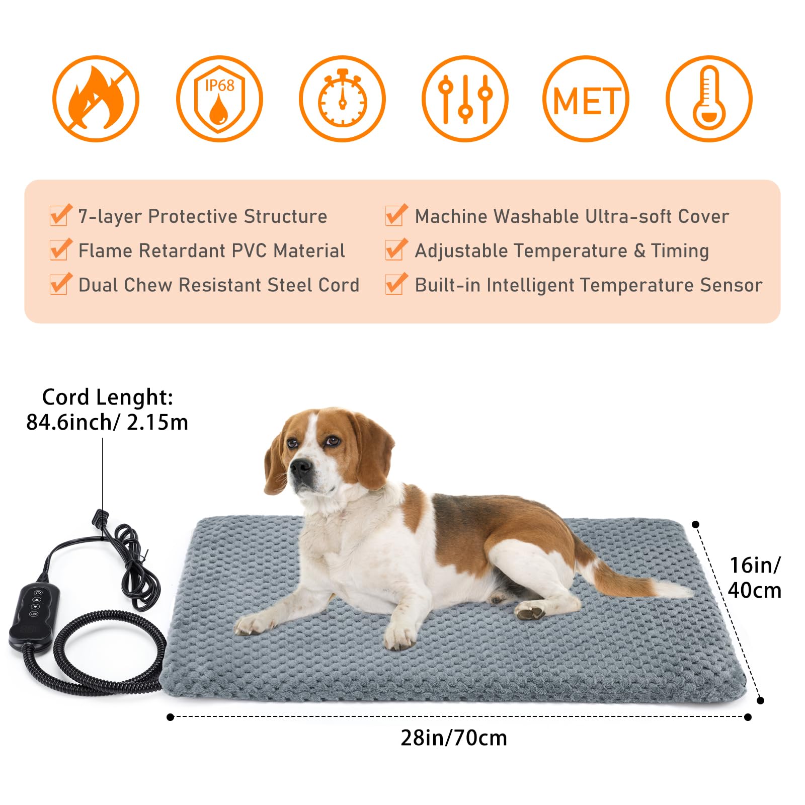 INVENHO Cuccia riscaldata per cani, impermeabile, temperatura regolabile, con timer, tappetino riscaldante per animali domestici, per gatti, cani, cuscinetti elettrici per cani e animali domestici (M