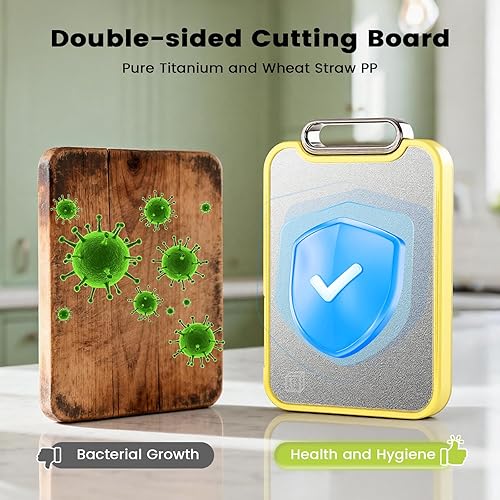 Miniatura 6 de Tabla de cortar de titanio para cocina, tablas de cortar no tóxicas, de metal de doble cara, titanio puro y paja de trigo, tabla de cortar de