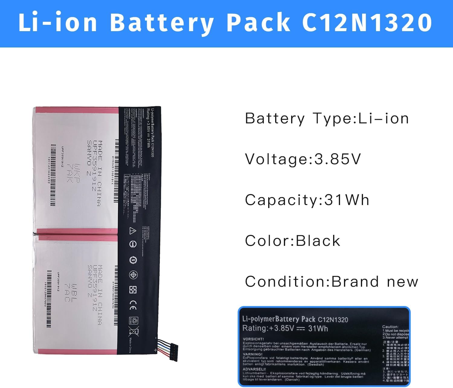 C12N1320 Laptop Battery Replacement for ASUS Transformer Book T100T Tablet 0B200-00720300 [3.85V 31Wh]