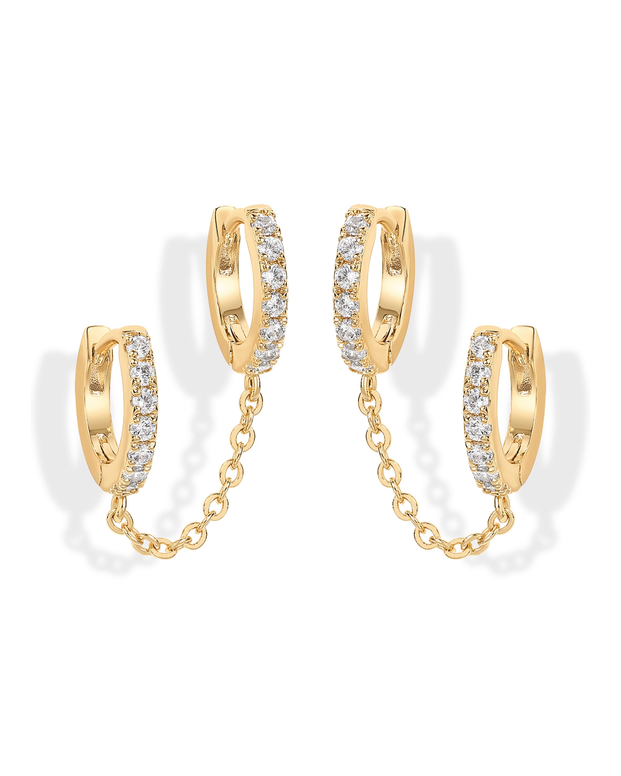 14K Gold Chain Earrings for Women | Double Piercing Dangle Chain Huggie Hoop Earrings | Cubic Zirconia Pearl Stud Ear Cuff Earrings for Women