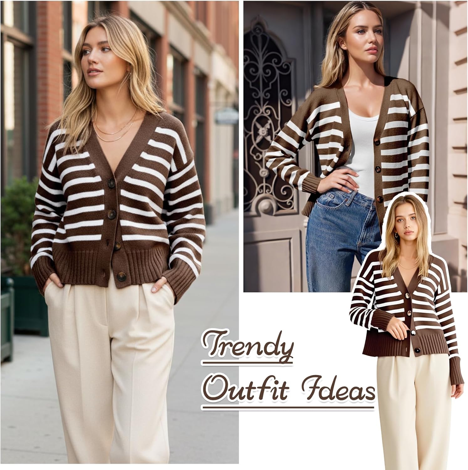 Women's Striped Cardigan Sweaters V Neck Open Front Sweaters Lightweight Long Sleeve Button Tops Ribbed Knit Outerwear - Image 6