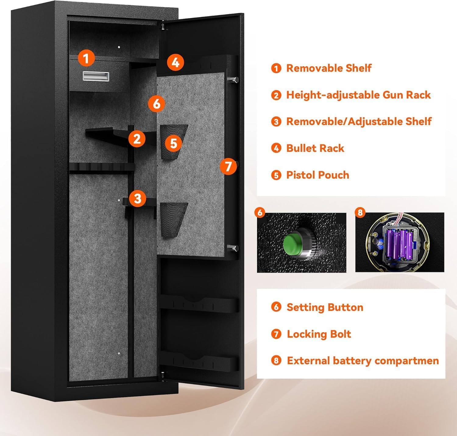 25 Biometric Gun Safe for Rifles and Pistols, Large Gun Cabinet for Home Rifle, Quick Access Gun Safe with Fingerprint, Removable Shelf & Pistol Pocket, No Assembly Required