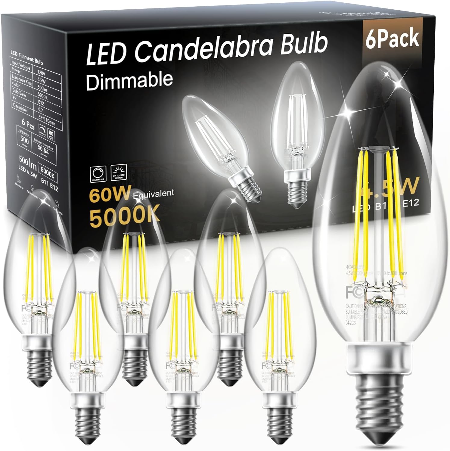 TJOY LED Candelabra Bulbs Dimmable, 60W Equivalent Chandelier Light Bulb, E12 Small Base, 4.5W 2700K Soft Warm White, B11 Vintage Filament Clear Glass Candle Light for Ceiling Fan Chandeliers, 24Pack