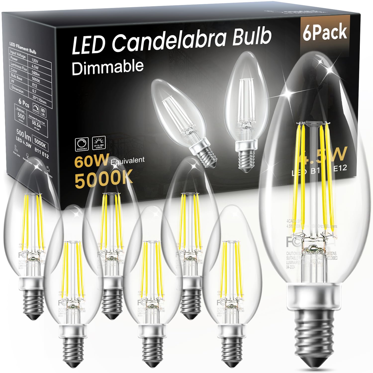 TJOY LED Candelabra Bulbs Dimmable, 60W Equivalent Chandelier Light Bulbs, E12 Small Base, 4.5W 5000K Daylight, B11 Vintage LED Filament Clear Glass
