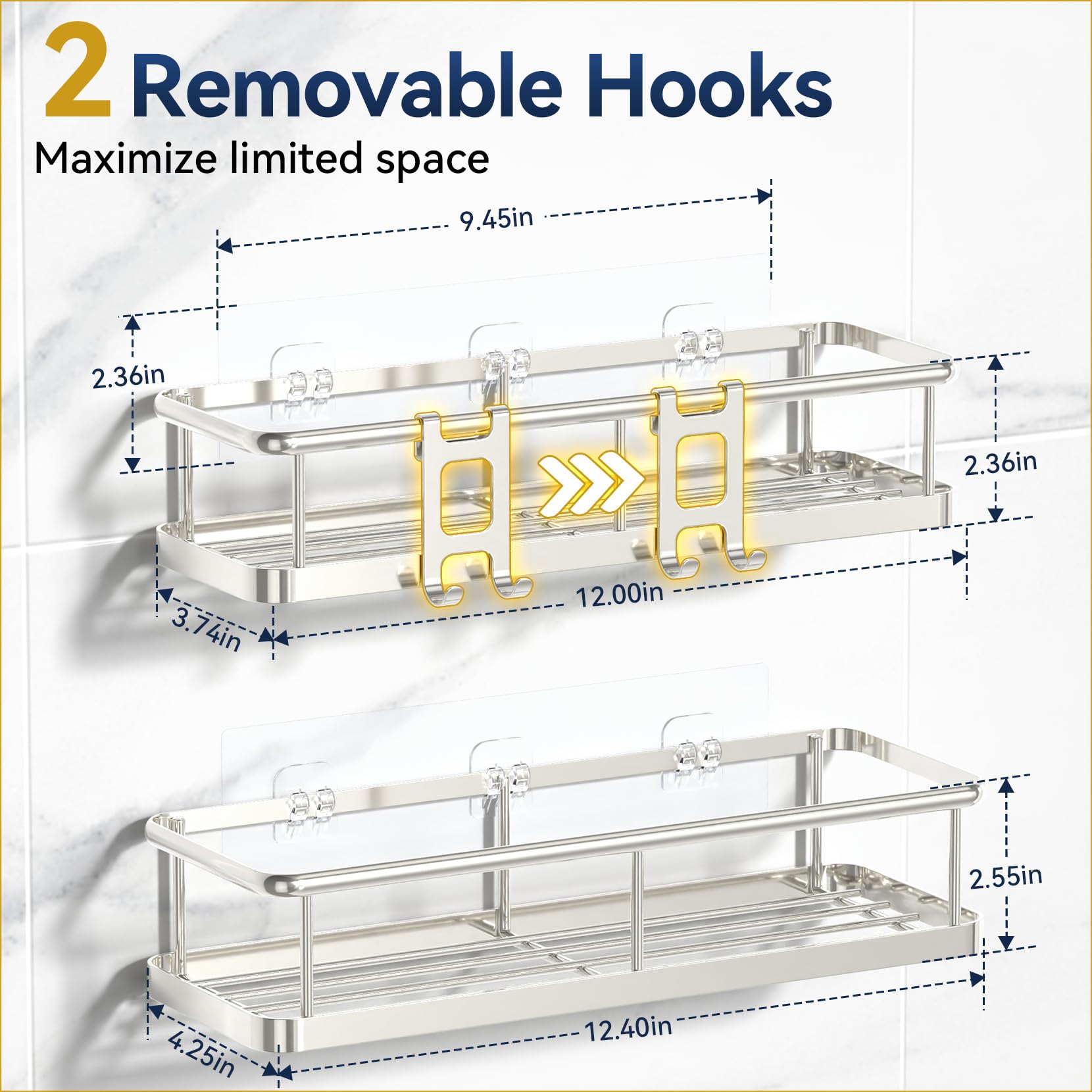 YASONIC Dusch-Caddy, selbstklebend, kein Bohren, Badezimmer-Dusch-Organizer, mit abnehmbaren Haken, rostfreie Duschregale, Wand-Duschhalter, 2 Stück, Silber