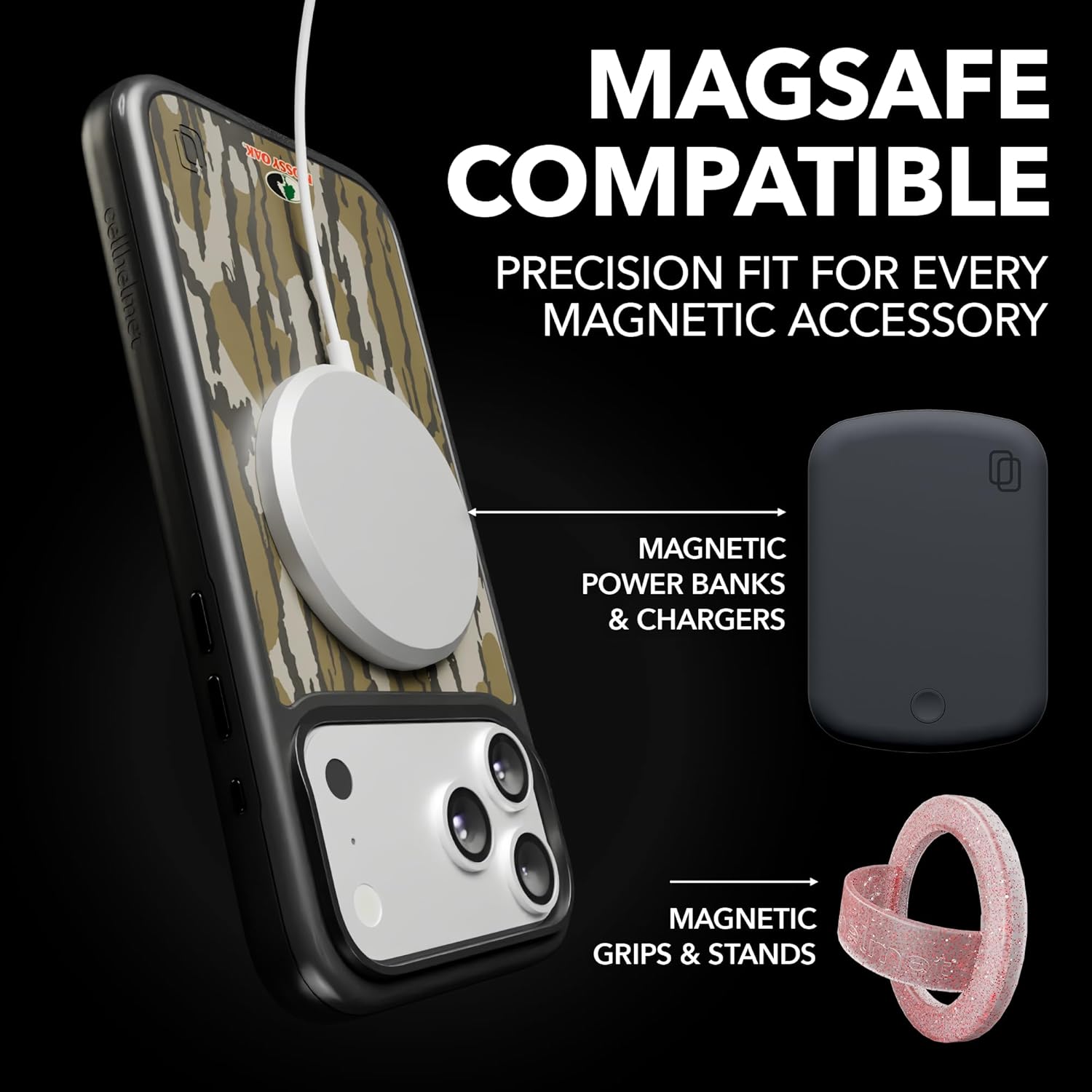 cellhelmet iPhone 17 Air Shockproof Protective Mossy Oak Bottomland Camo Case in Onyx Black, MagSafe Compatible, 18-Foot Drop-Test Certified, Slim, Rugged, Raised Bezels & Lifetime Replacement