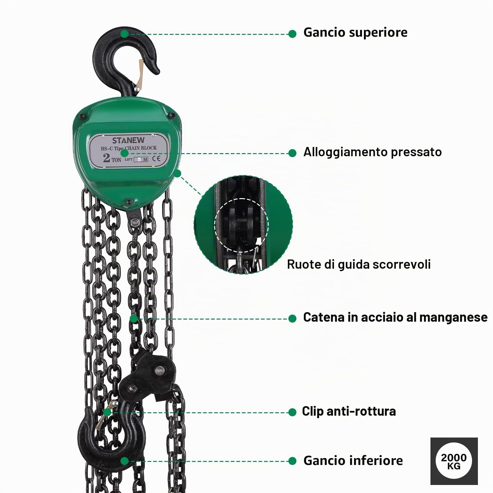 STANEW Paranco a catena manuale con gancio robusto, altezza di sollevamento 5M, doppia catena di ricarica, gancio di sicurezza, portata 2000KG,per operazioni di sollevamento in silvicoltura, officine