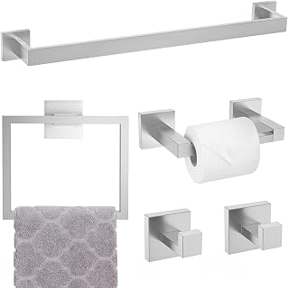 Brushed Nickel Towel Bar Set,5-Piece Bathroom Hardware Set Includes Upgraded Double Base Paper Towel Holder Modern Square Towel Holder Set,Stainless Steel Wall Mount 23.6 Inch