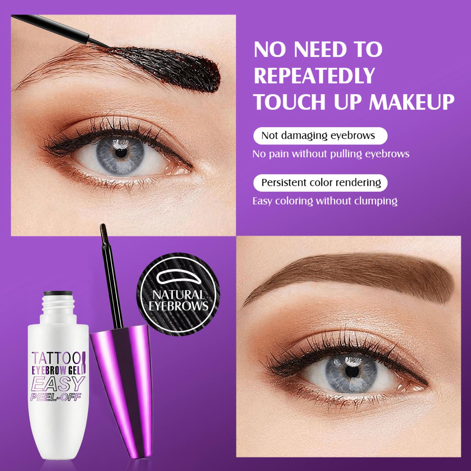 Peel Off Tattoo Brow Tint Gel - 2pcs Brown Eyebrow Kit, Waterproof, Transfer-Proof & Sweatproof, Quick Peel Formula for Natural Fuller Brows, Mother's Day Gifts for Women All Skin Types