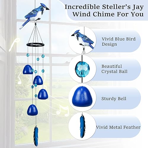 Miniatura 3 de Campanillas de viento de pájaros para exteriores, regalos de pájaros Steller'Jay, campanillas de viento de pájaro azul, decoraciones para