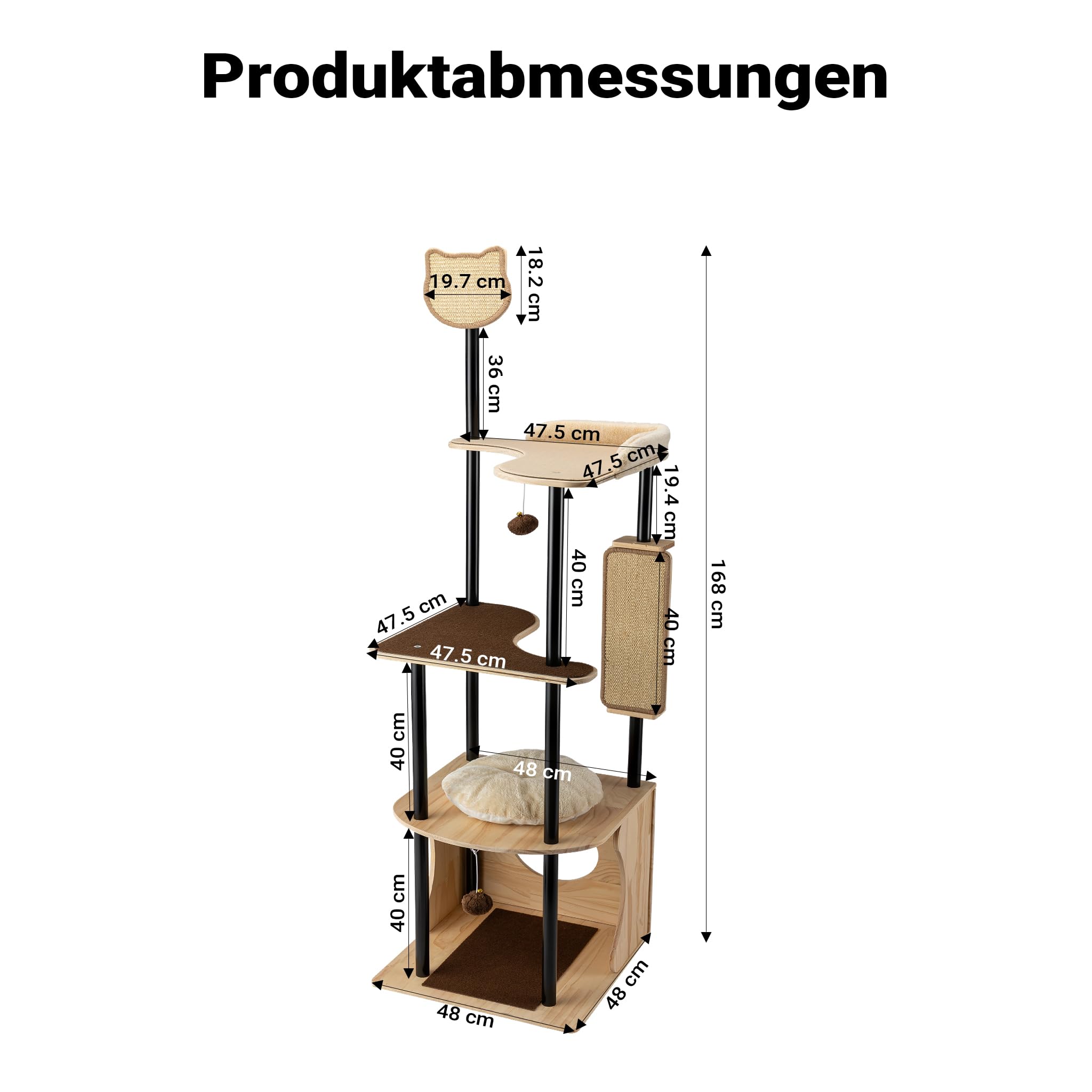 Fudajo Kratzbaum aus Metall 48 x 48 x 168 cm mit Sisal, Kratzmöbel mit Kratzbrett, Katzenbaum mit großer Liegefläche und modernem Design